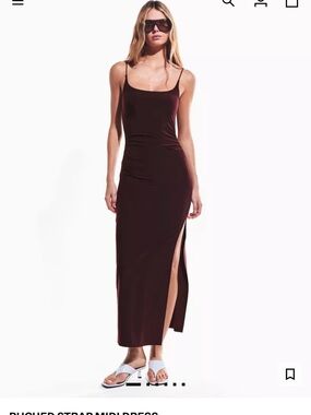Bershka Ruched Strap Midi Dress – Chocolate Brown L 🤎
